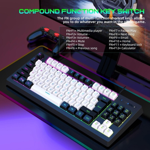 Wired Gaming Keyboard Grip Computer Office Home USB Keycaps/Anti-Gleming/Spill-Resistant Computer Keyboard(Black and White Color-blocking)