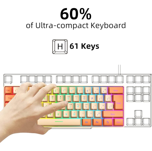 60% Wired Gaming Keyboard, RGB Backlit Ultra-Compact Mini Keyboard, Waterproof Mini Compact 61 Keys Keyboard for PC/Mac Gamer, Typist, Travel