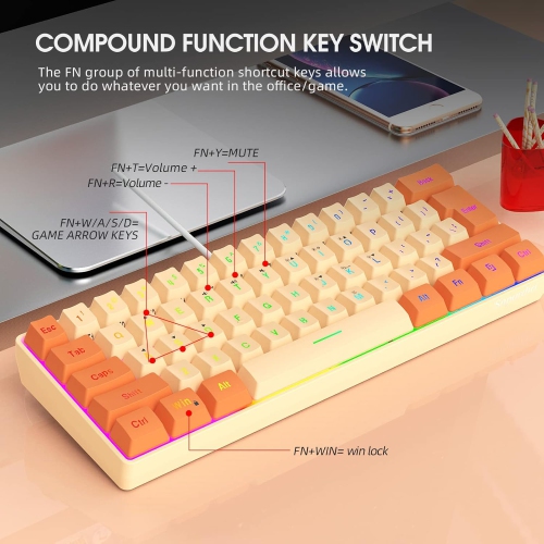 60% Wired Gaming Keyboard, RGB Backlit Ultra-Compact Mini Keyboard, Waterproof Mini Compact 61 Keys Keyboard for PC/Mac Gamer, Typist, Travel