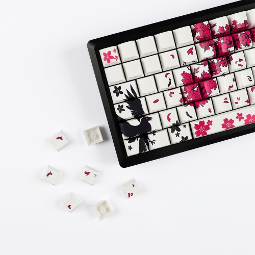 131 Raven Sakura Keycap Cherry Profile Double Shot Sidelit Shine Through PBT Keycaps for MX Mechanical Keyboard(White)