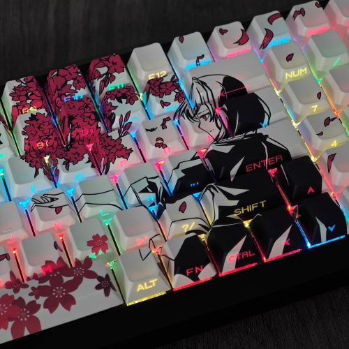 131 Raven Sakura Keycap Cherry Profile Double Shot Sidelit Shine Through PBT Keycaps for MX Mechanical Keyboard(White)