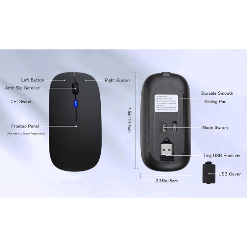 Wireless Bluetooth Mouse Rechargeable Laptop Mouse Portable LED Computer Mice Use(BT5 or USB 2.4G) Dual Mode Connection Silent Slim Mouse