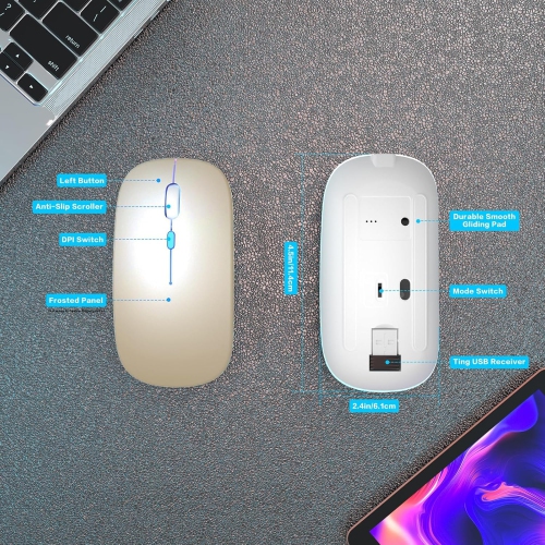 Wireless Bluetooth Mouse Rechargeable Laptop Mouse Portable LED Computer Mice Use(BT5 or USB 2.4G) Dual Mode Connection Silent Slim Mouse
