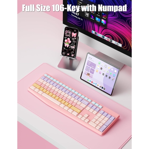 Clavier coloré esthétique sans fil 2,4 GHz/Bluetooth à 106 touches avec pavé numérique à profil bas Touches à sensation mécanique linéaire