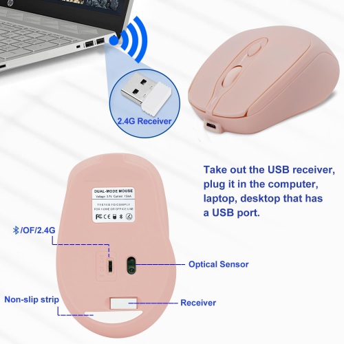 1PCS Bluetooth Mouse,Rechargeable Wireless Mouse for Laptop/iPad/MacBook Pro/Air, Silent Mouse Portable Slim(Pink)
