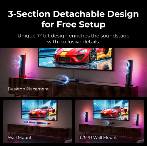 Ultimea Apollo S70 Ultra 7.1 Channel Soundbar with Wireless Subwoofer, 2 Surround Speakers, Detachable Soundbar for TV with App Control, Bluetooth,