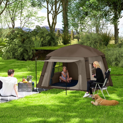 Outsunny Inflatable Camping Tent, 2 Min. Easy Setup Glamping Tent, Outdoor Shelter Portable Blow Up Tent with Hand Pump, Mesh Windows, Doors and
