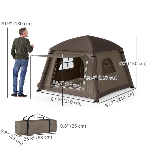 Outsunny Inflatable Camping Tent, 2 Min. Easy Setup Glamping Tent, Outdoor Shelter Portable Blow Up Tent with Hand Pump, Mesh Windows, Doors and