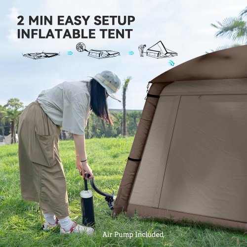 Outsunny Inflatable Camping Tent, 2 Min. Easy Setup Glamping Tent, Outdoor Shelter Portable Blow Up Tent with Hand Pump, Mesh Windows, Doors and