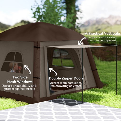 Outsunny Inflatable Camping Tent, 2 Min. Easy Setup Glamping Tent, Outdoor Shelter Portable Blow Up Tent with Hand Pump, Mesh Windows, Doors and