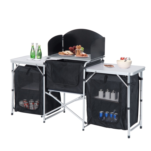Image 1 of 9.. Outsunny Folding Camping Table, Aluminum Portable Camping Kitchen Table with Storage Carrying Bag, Windscreen and 3 Enclosed Cupboards for BBQ,