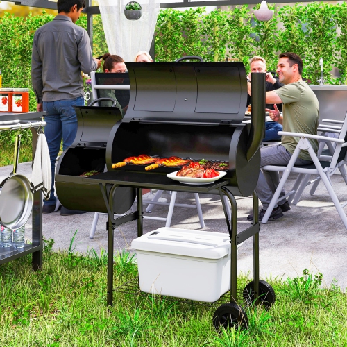 Outsunny Portable Outdoor Charcoal BBQ Grill with Offset Smoker, Barbecue Grill with Spacious Cooking Area, 2 Shelves, Thermometer, Wheels for Patio