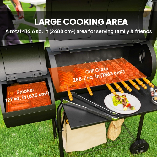 Outsunny Portable Outdoor Charcoal BBQ Grill with Offset Smoker, Barbecue Grill with Spacious Cooking Area, 2 Shelves, Thermometer, Wheels for Patio