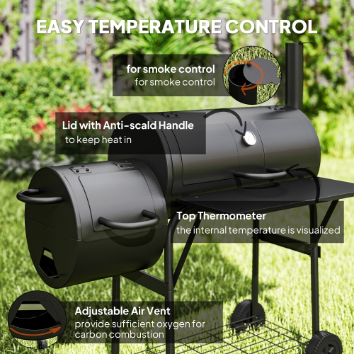 Outsunny Portable Outdoor Charcoal BBQ Grill with Offset Smoker, Barbecue Grill with Spacious Cooking Area, 2 Shelves, Thermometer, Wheels for Patio