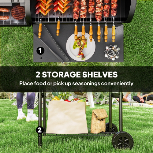 Outsunny Portable Outdoor Charcoal BBQ Grill with Offset Smoker, Barbecue Grill with Spacious Cooking Area, 2 Shelves, Thermometer, Wheels for Patio
