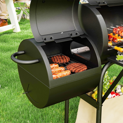 Outsunny Portable Outdoor Charcoal BBQ Grill with Offset Smoker, Barbecue Grill with Spacious Cooking Area, 2 Shelves, Thermometer, Wheels for Patio