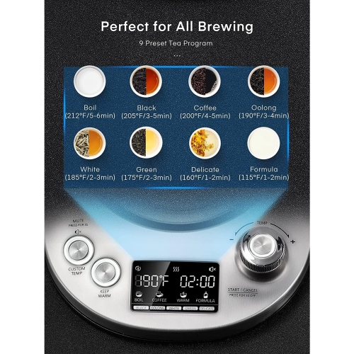 FOHERE 1.7L Glass Electric Kettle – Removable Infuser, 9 Presets, Precise Temp Control