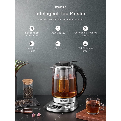 FOHERE 1.7L Glass Electric Kettle – Removable Infuser, 9 Presets, Precise Temp Control