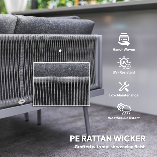 Ensemble de 3 meubles de patio en osier Outsunny, ensemble de patio en L, canapé d'extérieur en coin en rotin PE avec coussins, table basse à surface