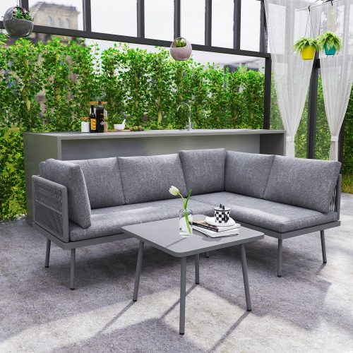 Ensemble de 3 meubles de patio en osier Outsunny, ensemble de patio en L, canapé d'extérieur en coin en rotin PE avec coussins, table basse à surface