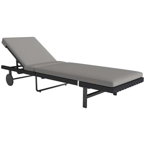 Outsunny PE Rattan Tanning Chair with 5-Level Adjustable Backrest and Wheels, Outdoor Lounge Chair with Cushion, UV-Resistant Patio Sun Lounger for