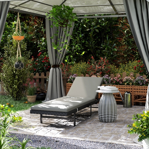 Outsunny PE Rattan Tanning Chair with 5-Level Adjustable Backrest and Wheels, Outdoor Lounge Chair with Cushion, UV-Resistant Patio Sun Lounger for