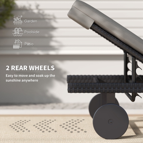 Outsunny PE Rattan Tanning Chair with 5-Level Adjustable Backrest and Wheels, Outdoor Lounge Chair with Cushion, UV-Resistant Patio Sun Lounger for