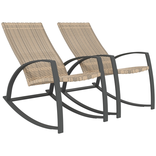 Outsunny 2 Pieces Wicker Outdoor Rocking Chair Set, PE Rattan Patio Rocking Chair Set with High Backrest, Armrests and Adjustable Foot Pads for