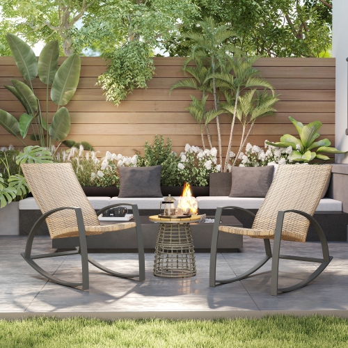 Outsunny 2 Pieces Wicker Outdoor Rocking Chair Set, PE Rattan Patio Rocking Chair Set with High Backrest, Armrests and Adjustable Foot Pads for