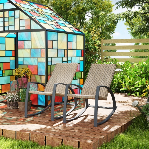 Outsunny 2 Pieces Wicker Outdoor Rocking Chair Set, PE Rattan Patio Rocking Chair Set with High Backrest, Armrests and Adjustable Foot Pads for