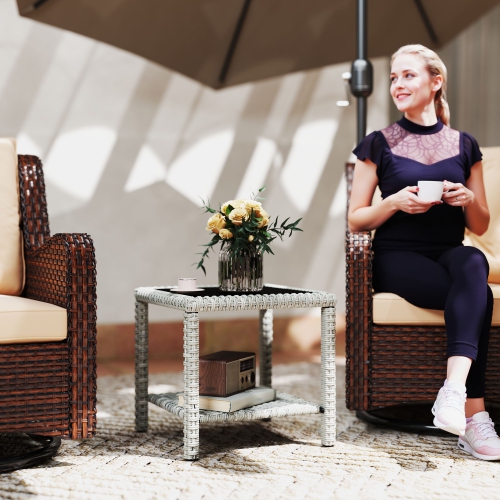 Outsunny 19" Outdoor Wicker Coffee Table with Glass Top, Storage Shelf, Patio PE Rattan Side End Table for Garden Porch Balcony Deck, Dark Grey