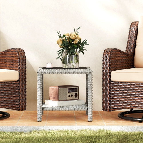 Outsunny 19" Outdoor Wicker Coffee Table with Glass Top, Storage Shelf, Patio PE Rattan Side End Table for Garden Porch Balcony Deck, Dark Grey