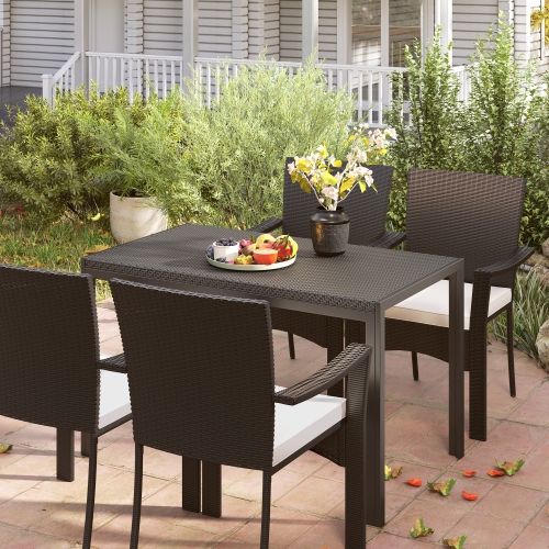 Outsunny 47" Patio Dining Table for 4 Persons, Rectangular Outdoor Table with PE Rattan Wicker Tabletop, Steel Frame for Backyard and Lawn, Black