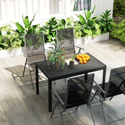 Outsunny 47" Patio Dining Table for 4 Persons, Rectangular Outdoor Table with PE Rattan Wicker Tabletop, Steel Frame for Backyard and Lawn, Black