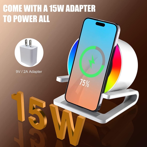 15W Wireless Bluetooth Speaker Charger, 3-in-1 Wireless Charging Station with Night Light for iPhone