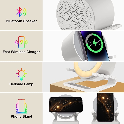 15W Wireless Bluetooth Speaker Charger, 3-in-1 Wireless Charging Station with Night Light for iPhone