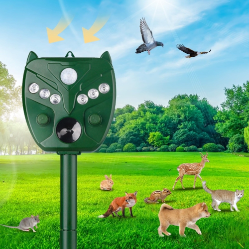 Solar Ultrasonic Bird Repellent, Outdoor Cat and Dog Pest Repellent with Motion Detection and 6 LED Flashes