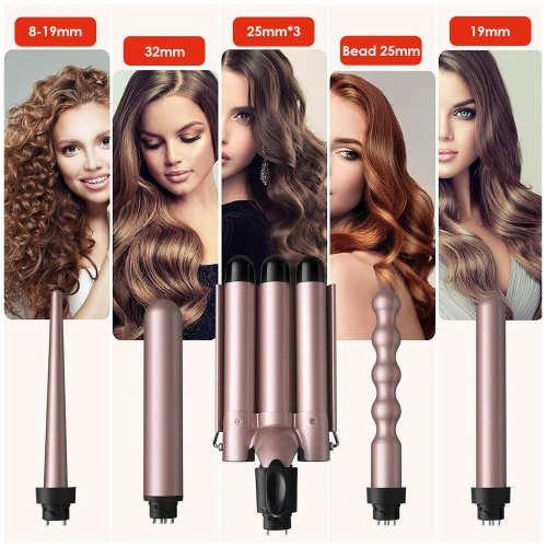 5 in 1 Curling Iron Set, 3 Tube Curling Iron with LCD Display and Temperature Control, Comes with 4 Curling Iron Heads
