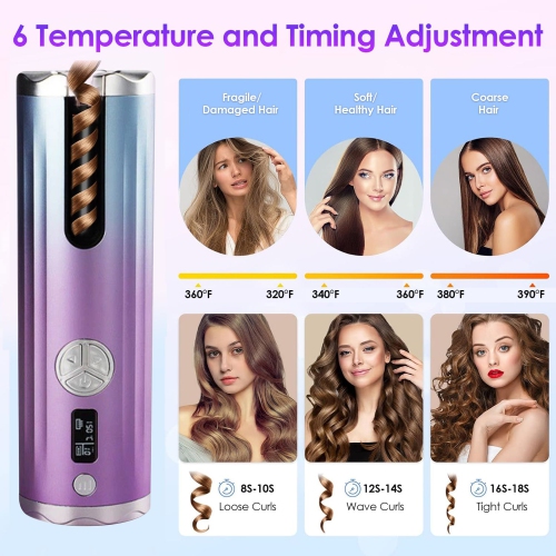Portable Electric Curler USB Rechargeable Automatic Curler 6-speed Temperature Control Suitable for Travel, Home Use