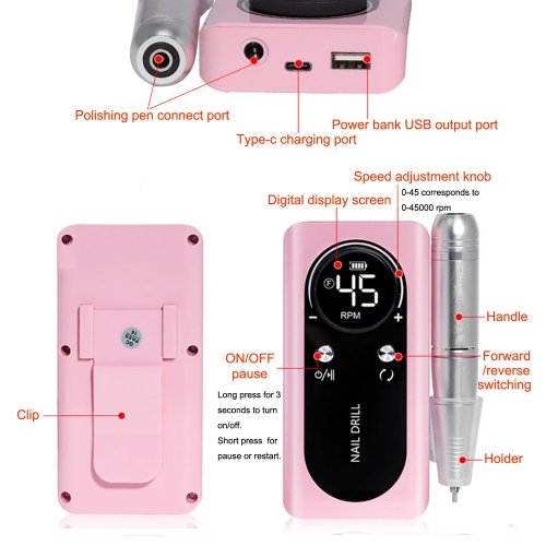 Perceuse à ongles électrique 45 000 tr/min, lime à ongles portative rechargeable, polisseur à ongles avec écran LCD pour manucure