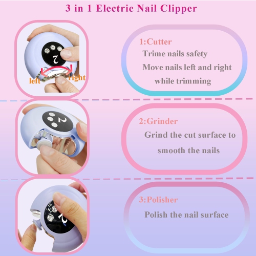 3 in 1 Electric Nail Clipper, Portable Mini Nail Clipper with Light, 3 Speeds, USB Charging, Good for Manicure