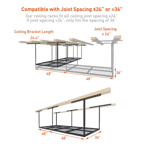 3x8ft Overhead Garage Storage Shelf, Height Adjustable Metal Ceiling Storage Rack Floating Shelves(96" x 36"x 40", Black)