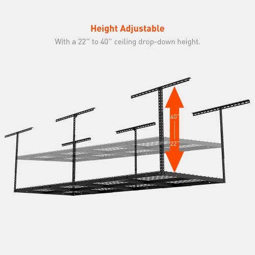 3x8ft Overhead Garage Storage Shelf, Height Adjustable Metal Ceiling Storage Rack Floating Shelves(96" x 36"x 40", Black)