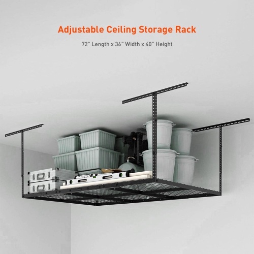 3x8ft Overhead Garage Storage Shelf, Height Adjustable Metal Ceiling Storage Rack Floating Shelves(96" x 36"x 40", Black)