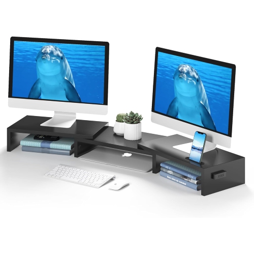 Dual Monitor Stand Riser with Smartphone Holder, Adjustable Length & Swivel Angle Wooden Desktop Organizer Stand PC Riser for PC Monitor Laptop