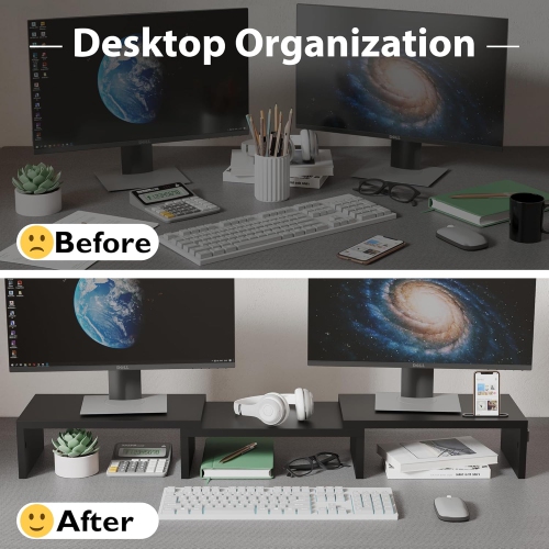 Dual Monitor Stand Riser with Smartphone Holder, Adjustable Length & Swivel Angle Wooden Desktop Organizer Stand PC Riser for PC Monitor Laptop