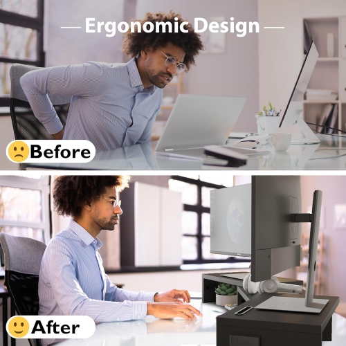 Dual Monitor Stand Riser with Smartphone Holder, Adjustable Length & Swivel Angle Wooden Desktop Organizer Stand PC Riser for PC Monitor Laptop