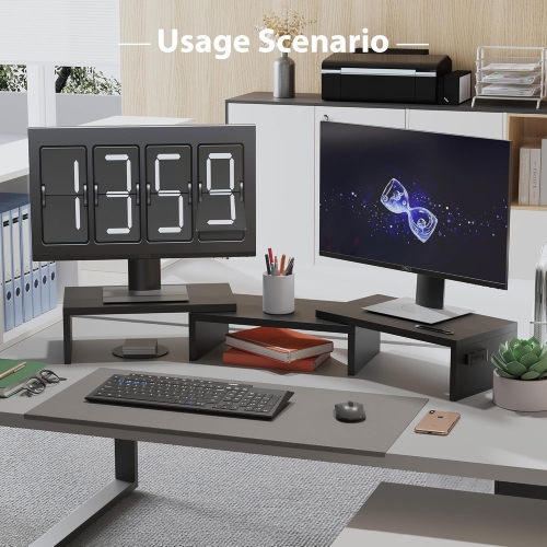 Dual Monitor Stand Riser with Smartphone Holder, Adjustable Length & Swivel Angle Wooden Desktop Organizer Stand PC Riser for PC Monitor Laptop