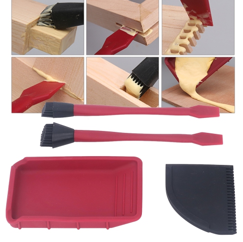 4Pcs Silicone Glue Kit 2 Brush 1 Comb and 1 Tray Uniform Application Silicone Glue Applicator Set for Woodworking