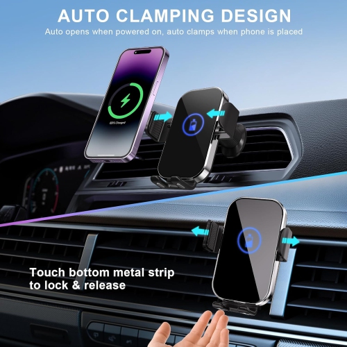 15W Fast Wireless Car Charger Mount, Auto-Clamping Phone Holder for iPhone/ Samsung ,Qi-Certified Car Phone Charger(Silver)